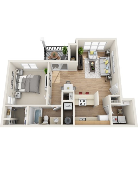 Floor plan for 1 bed, 1 bath, 756 sqft